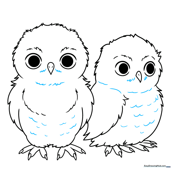 Adding final feather texture lines to both owl babies.