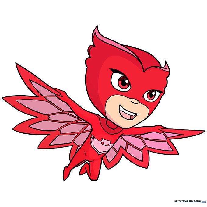 The final colored drawing of Owlette in her red and pink superhero suit.