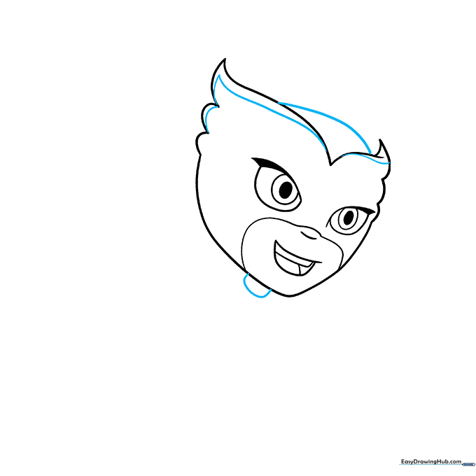 Adding the owl-like horns to the top of the mask and the neck below the chin.