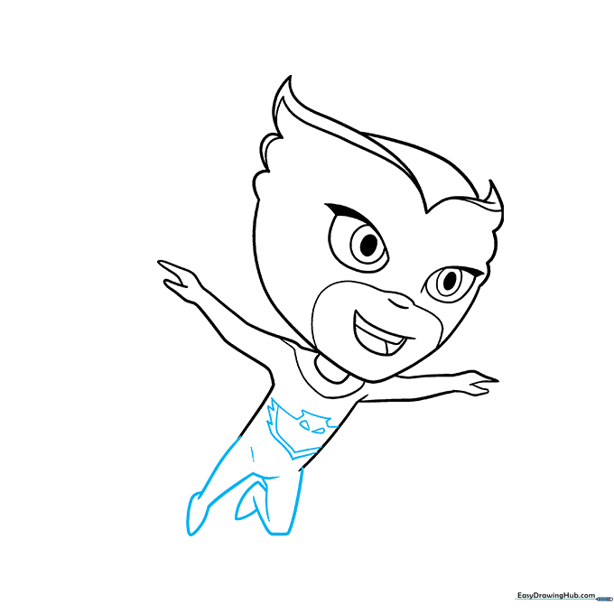 Drawing the legs and the iconic owl emblem on Owlette's chest.