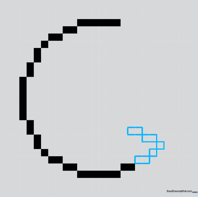 Outlining the beginning of the open mouth using diagonal square patterns.