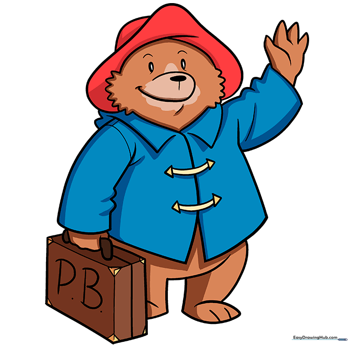 The finished, colored drawing of Paddington Bear.