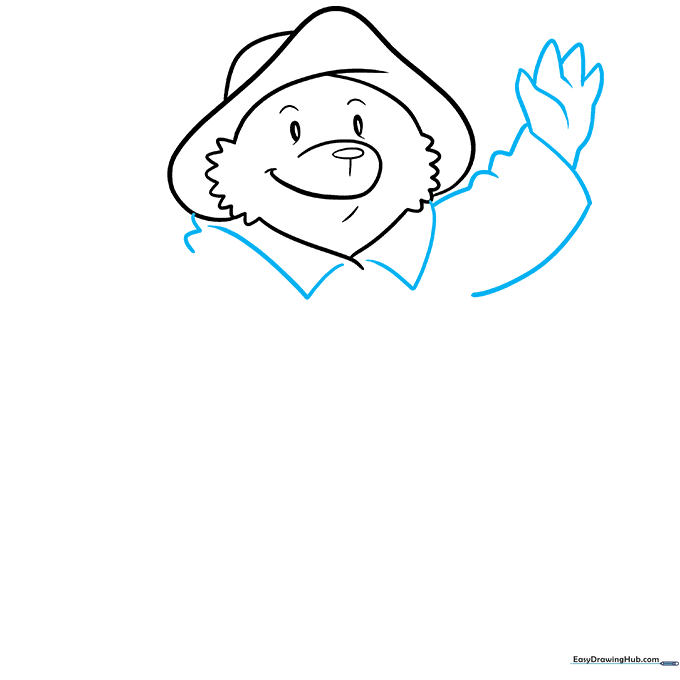 Adding the collar of the duffle coat and a waving paw to the drawing.