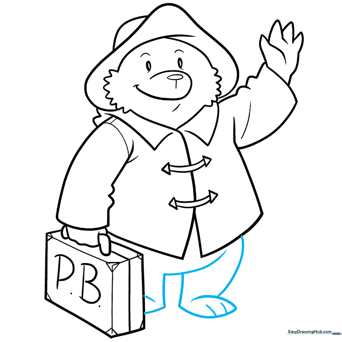 Drawing the bottom of the coat, legs, and feet of Paddington Bear.