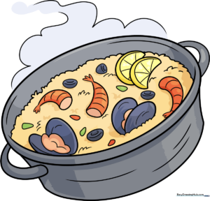 Colorful, finished illustration of a traditional Spanish paella dish in a pan.