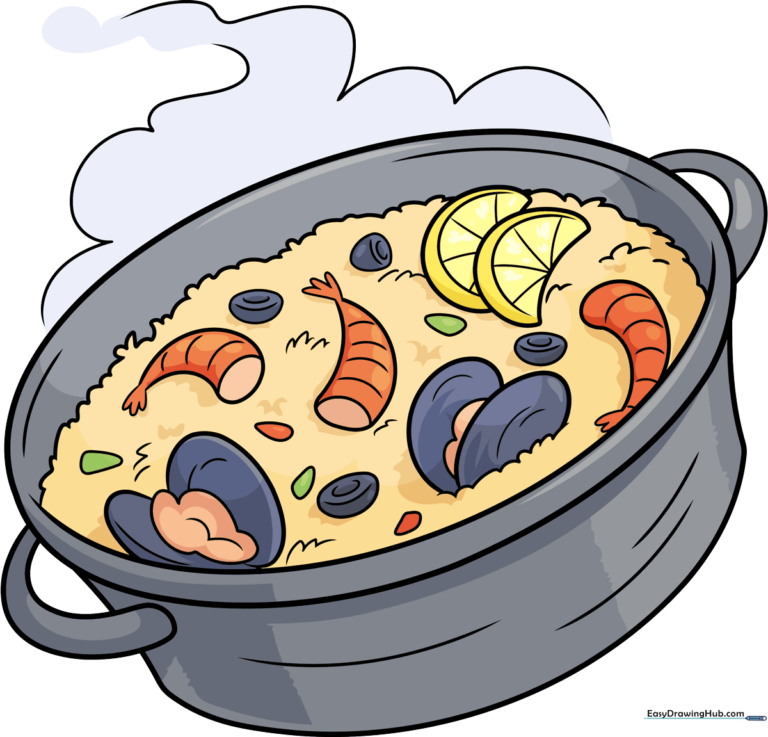 Colorful, finished illustration of a traditional Spanish paella dish in a pan.