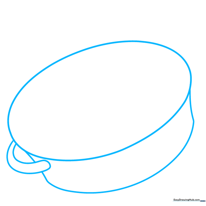 Pencil sketch of a wide oval paella pan with a handle on the left side.