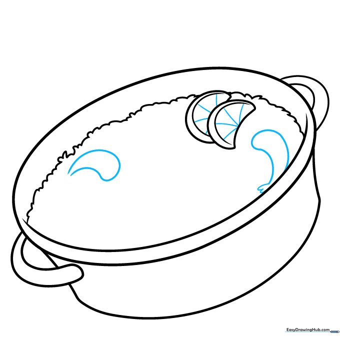 Drawing shrimp shapes and segmenting the lemon wedges.