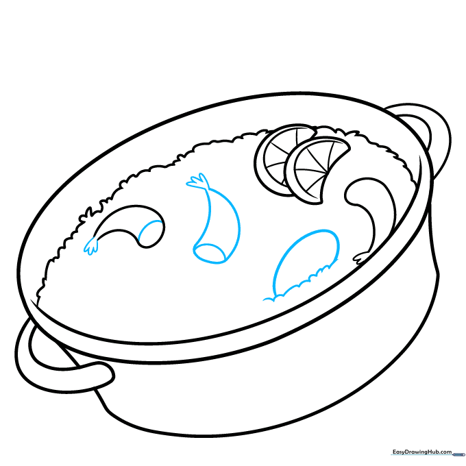 Adding details to shrimp and sketching a clam shell on the rice.