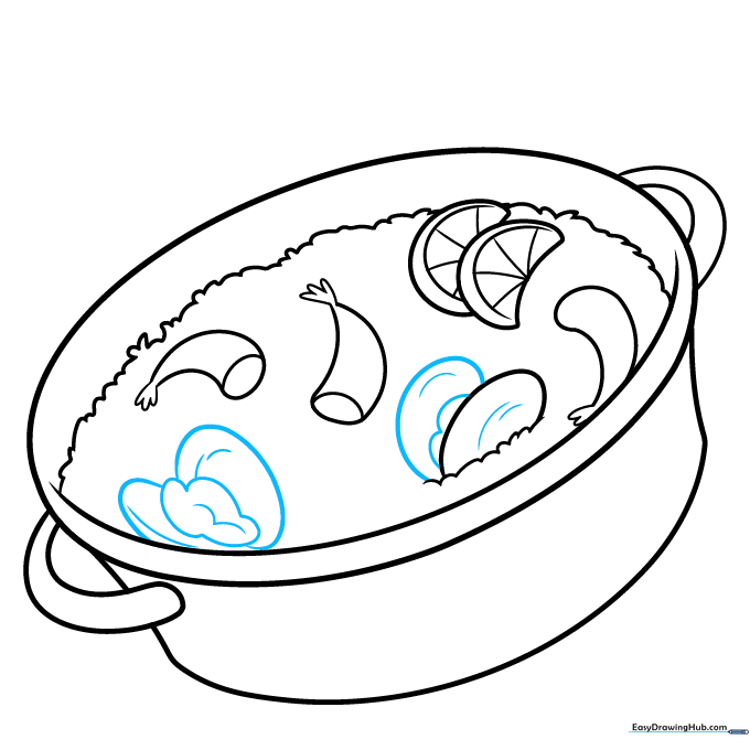 Adding texture lines to oyster shells and drawing the meat inside.