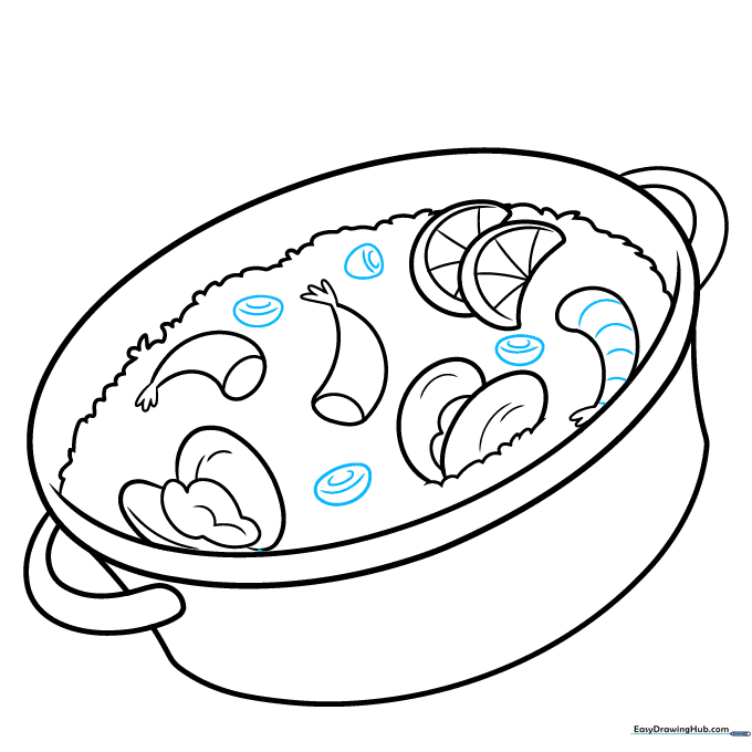 Drawing pitted olives scattered throughout the paella.
