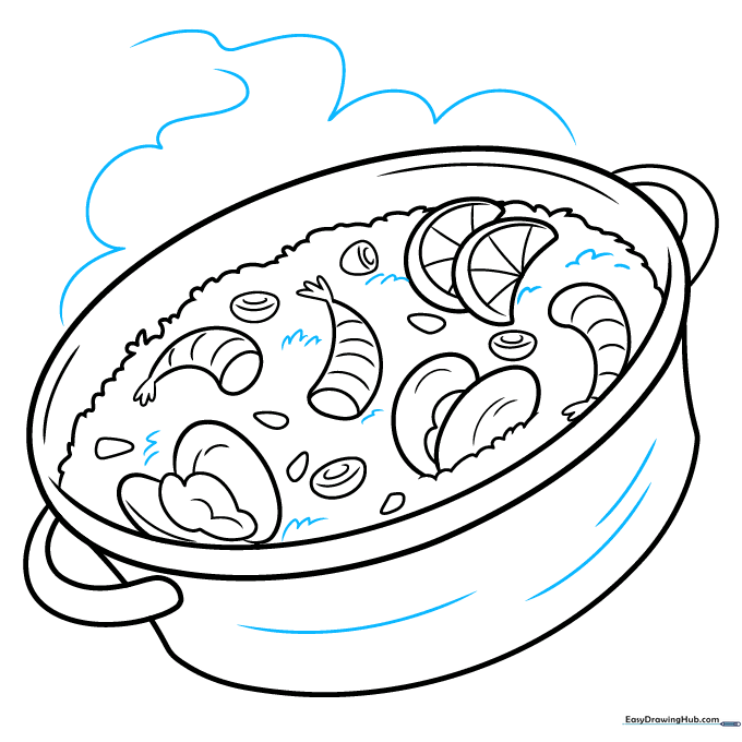 Finalizing the drawing with steam clouds rising from the pan.