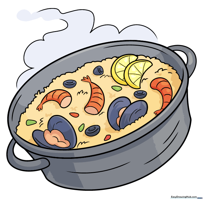 The finished, colored paella drawing with vibrant ingredients.
