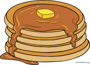 A colorful, finished illustration of a stack of pancakes with syrup and butter.