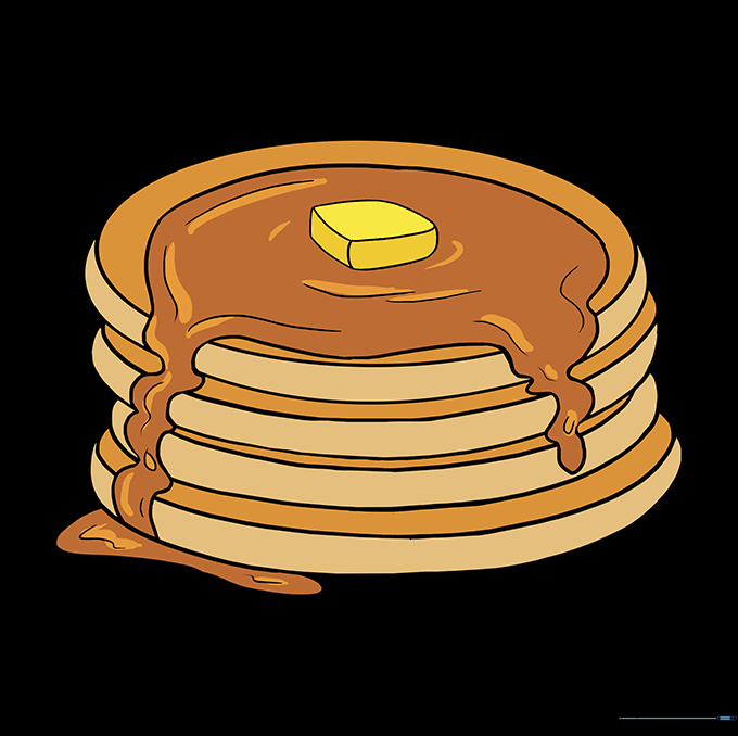 The finished, colored drawing of a stack of pancakes with syrup and butter.