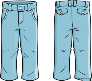 Completed cartoon pants drawing showing front and back views