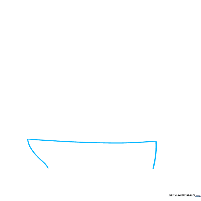 A simple curved line sketch forming the base hull of a sailboat on white paper.
