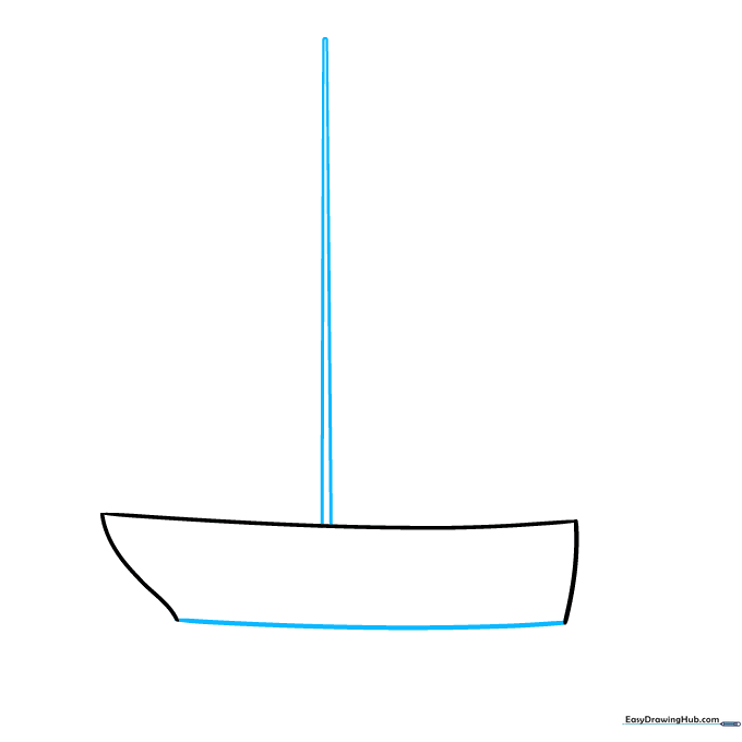 The sailboat hull with a tall vertical mast extending from the center.