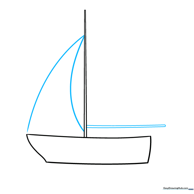 Sailboat sketch showing the horizontal boom and the triangular jib sail attached to the mast.