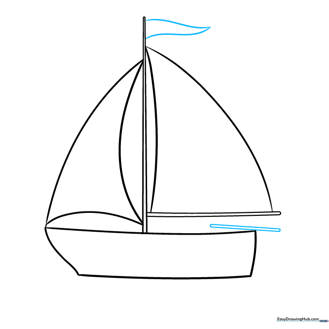 Sailboat sketch with a tiller at the stern and a small flag at the masthead.