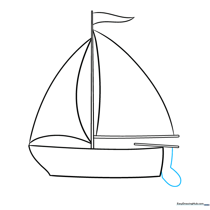 Sailboat sketch showing the rudder added to the stern section.