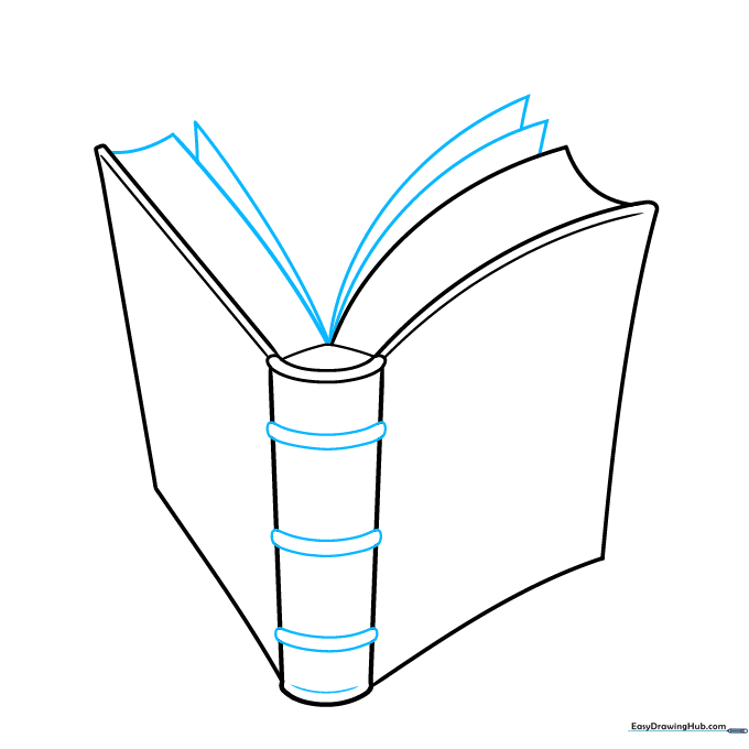 Sketching the page block and binding details on the book spine.