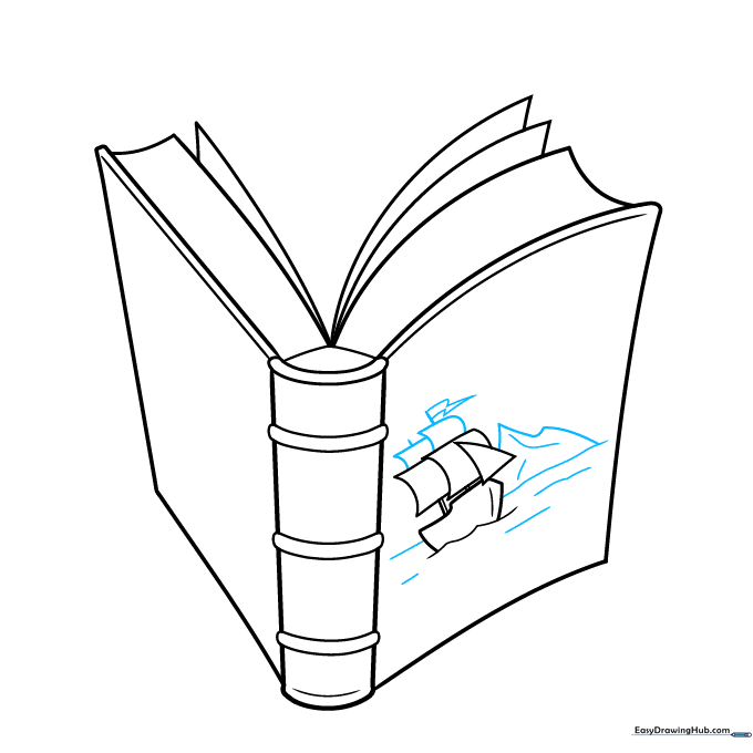 Drawing background elements like waves and mountains on the book cover.