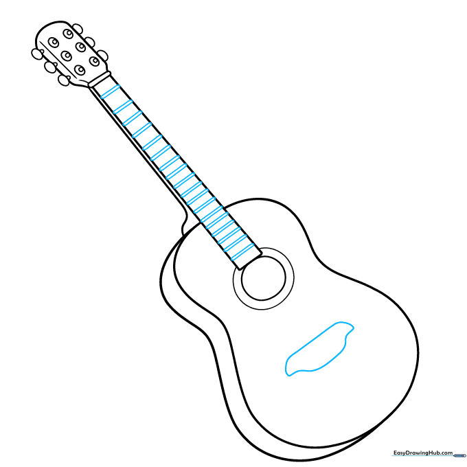 Guitar neck with fret lines and a bridge shape on the body