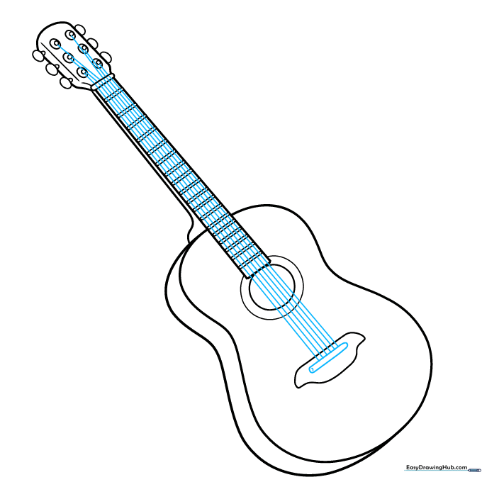 Guitar with six strings drawn from the bridge to the headstock