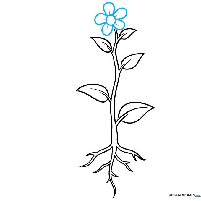 A flower blossom with a central circle and rounded petals at the top of the stem.