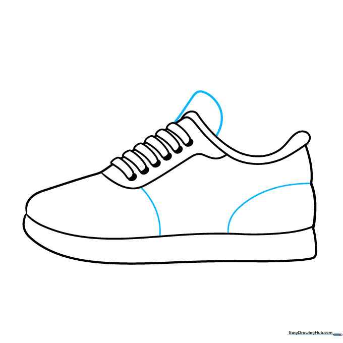 Drawing the tongue of the shoe and adding structural lines to the heel.
