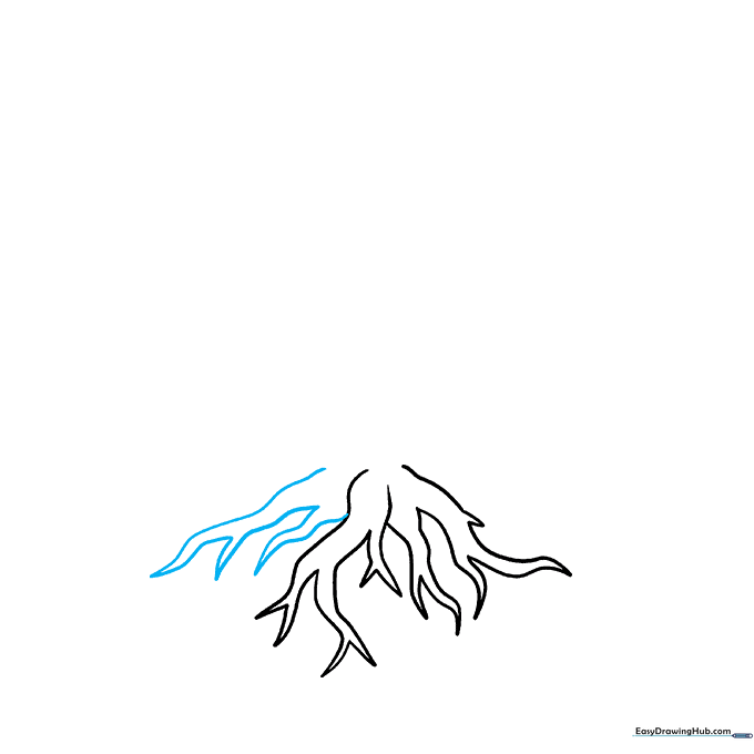 Drawing showing additional root structures extending from the base of the tree.