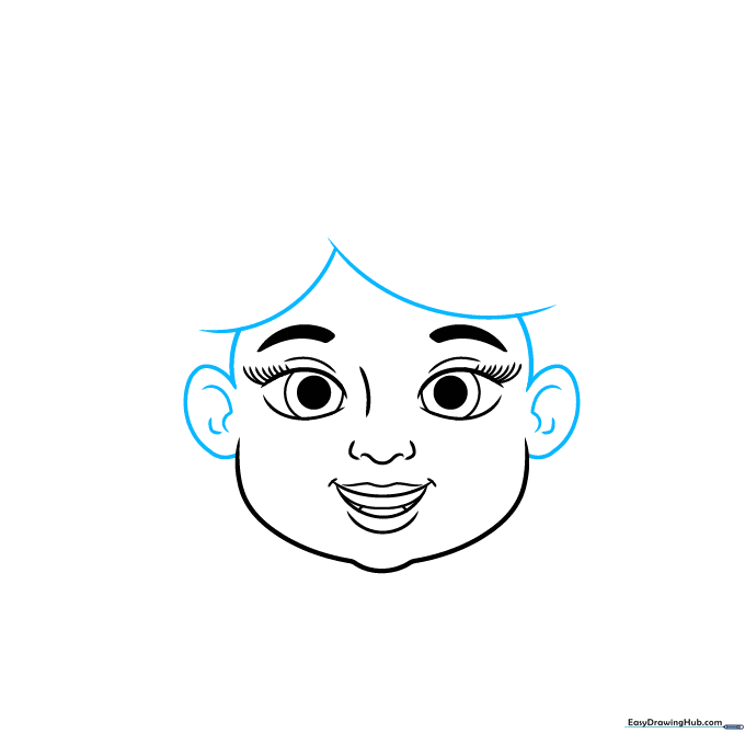 Adding ears and initial hair contours to the face drawing