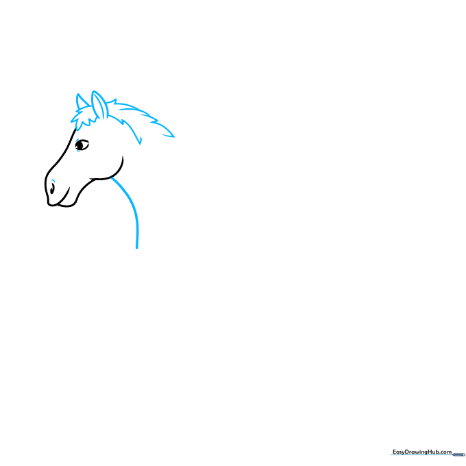 Drawing the horse's ears and mane using jagged lines for texture.