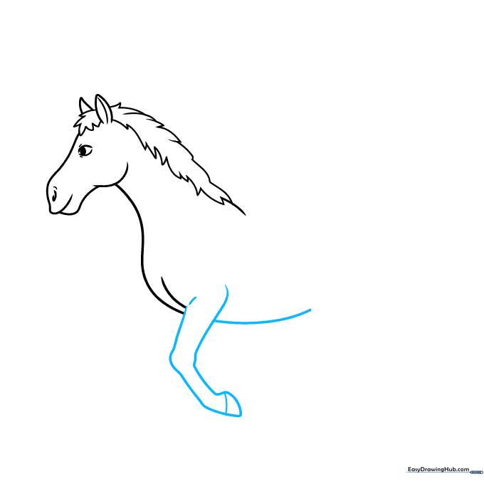 Sketching the front leg of the horse with a defined knee and hoof.