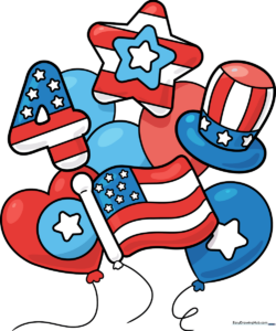 A colorful, festive illustration of patriotic balloons for holiday art projects.