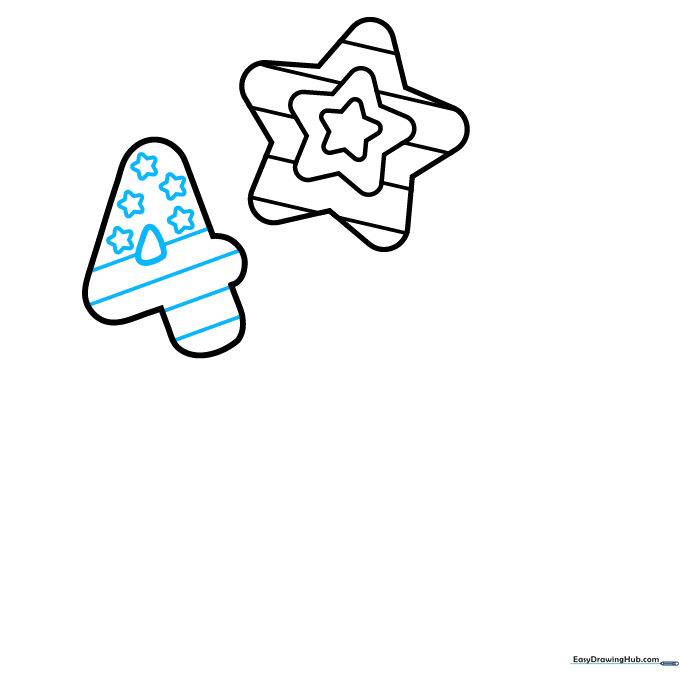 Adding small stars and diagonal lines to the patriotic balloon sketch.