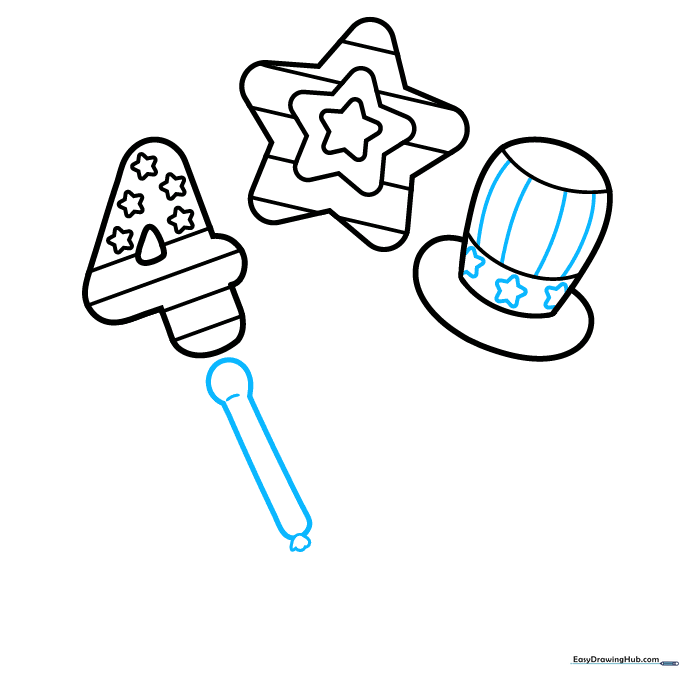 Adding star details and balloon knots to the drawing.