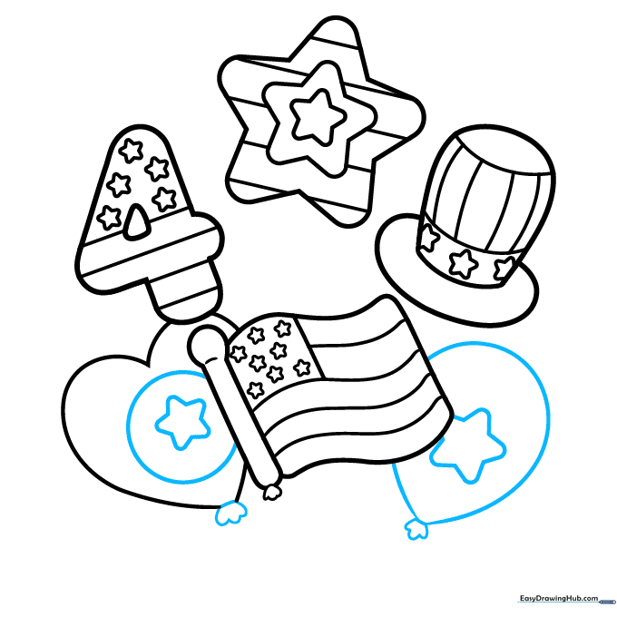 Adding more balloon shapes and star details to the drawing.