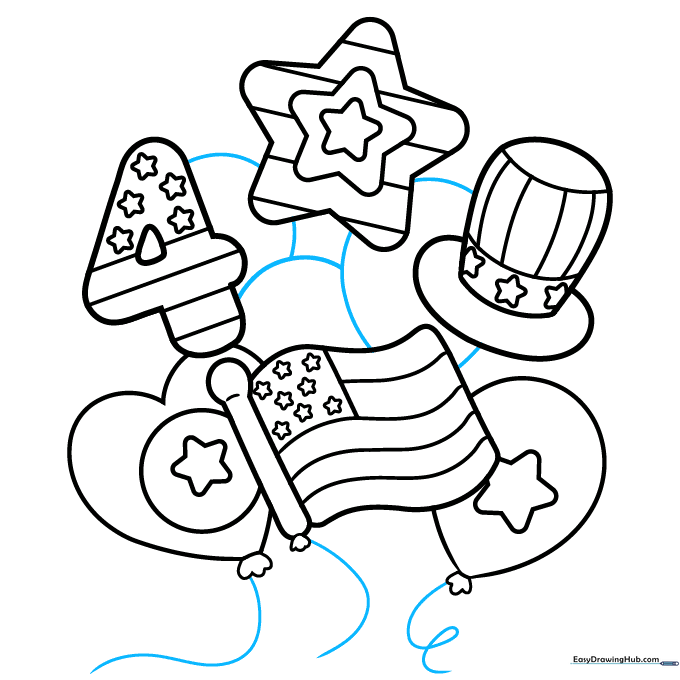 Finalizing the outline of the patriotic balloon drawing with a marker.