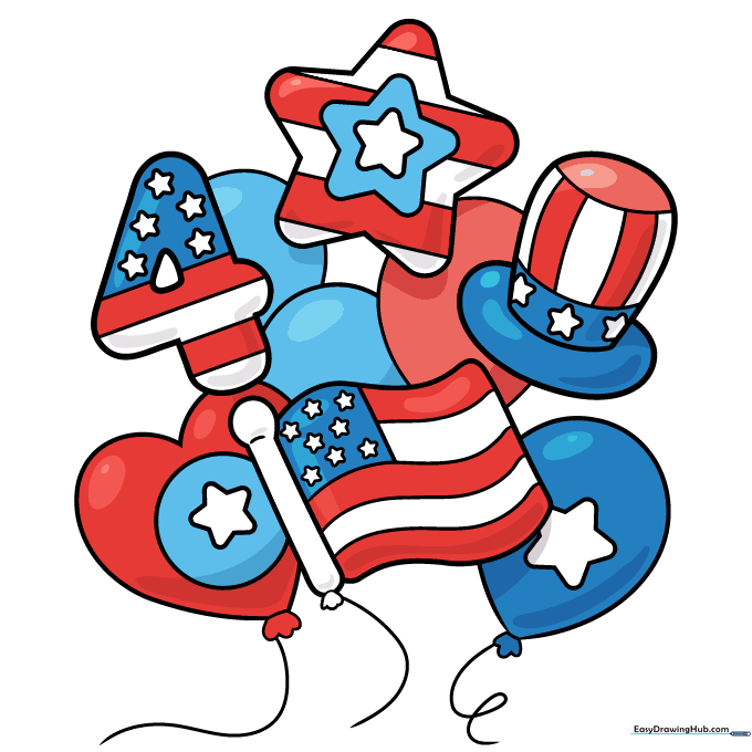 Finished, colored patriotic balloon drawing with red and blue accents.