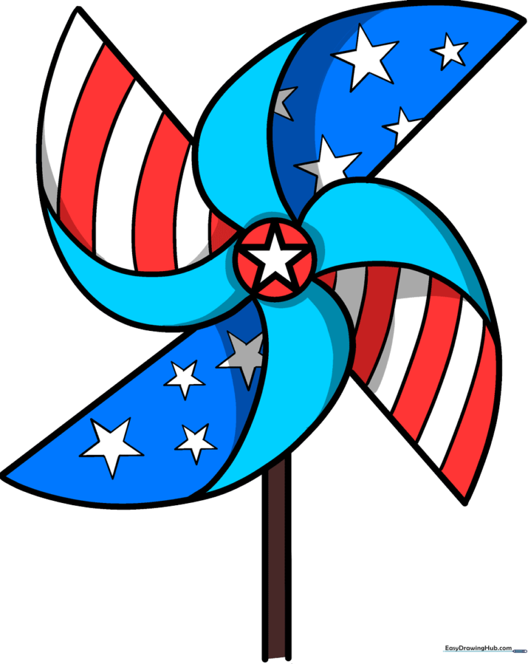 A vibrant, finished drawing of a patriotic pinwheel with red, white, and blue details.