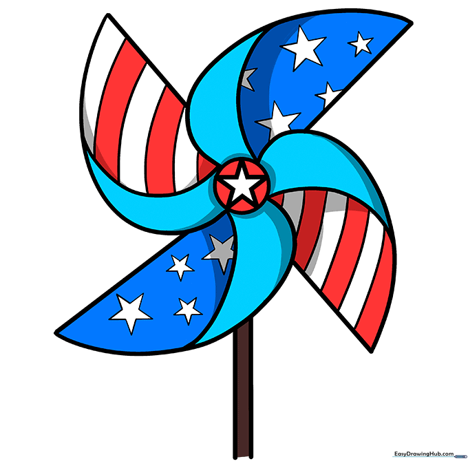 A fully colored patriotic pinwheel featuring red, white, and blue colors.