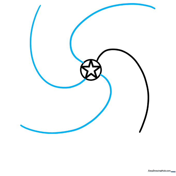 Four long, curved lines extending from the center hub to create the foundation for the pinwheel blades.