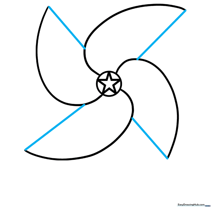 The pinwheel blades are enclosed by connecting the curved lines, forming four distinct, overlapping petal shapes.