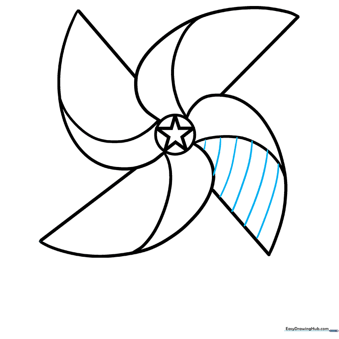 Adding parallel stripes to the first pinwheel blade to prepare for patriotic coloring.
