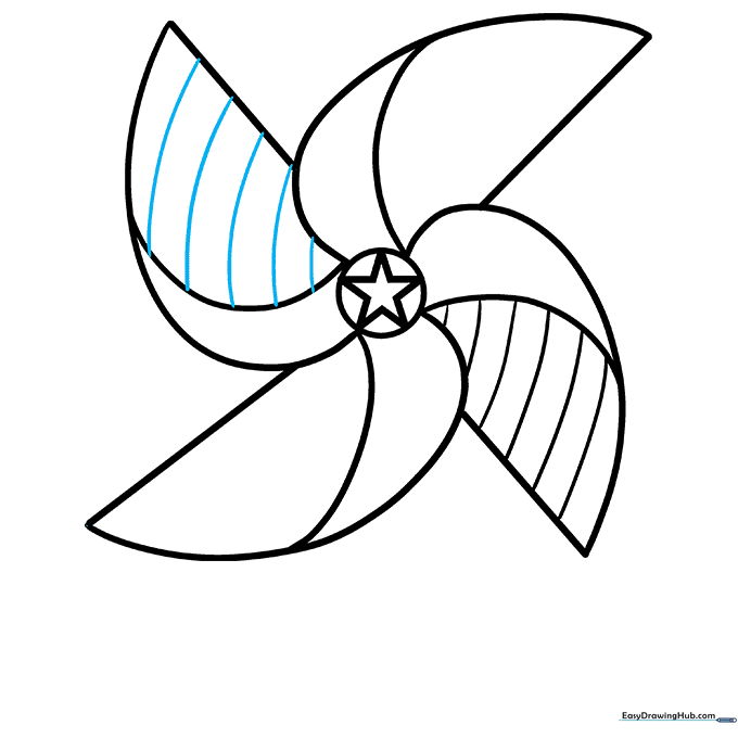 Adding stripes to the second pinwheel blade, mirroring the first for a balanced design.