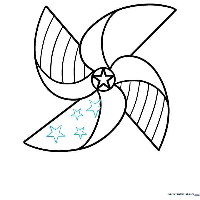 Drawing various sized stars on one of the empty pinwheel blades.