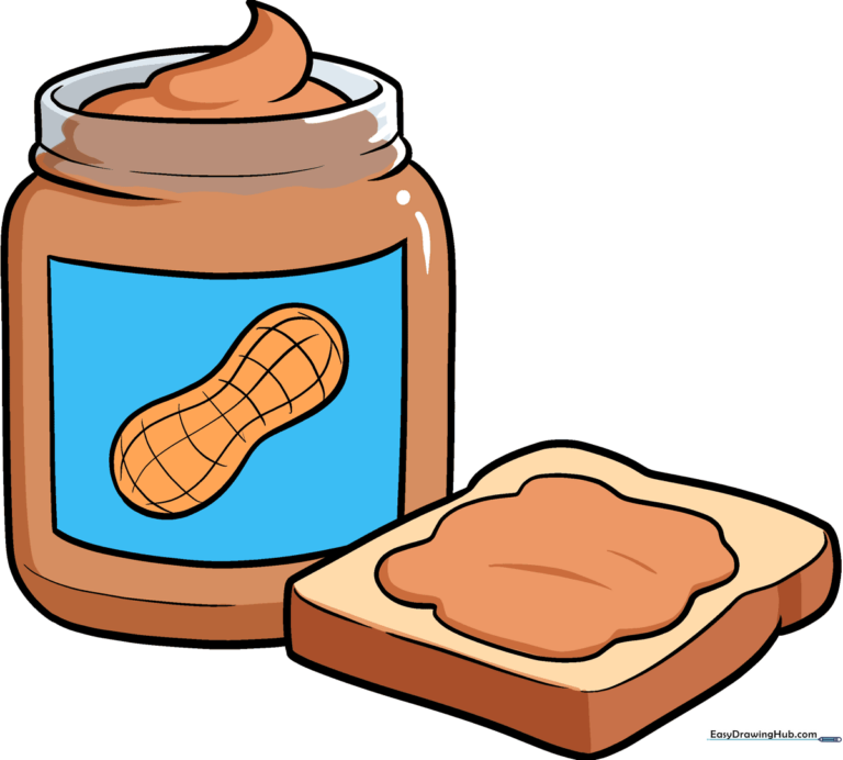 Colorful, completed drawing of a peanut butter jar, showcasing the final result of the tutorial.