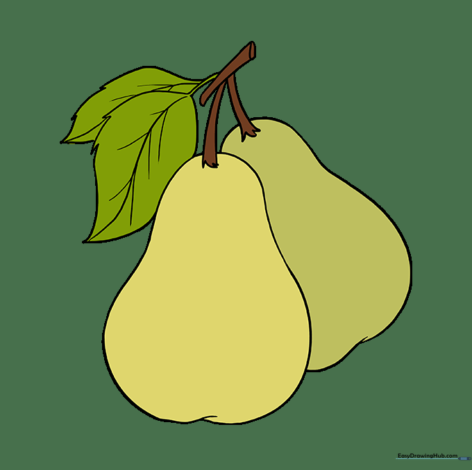 Final colored drawing of two pears with leaves, showing vibrant green and yellow tones.